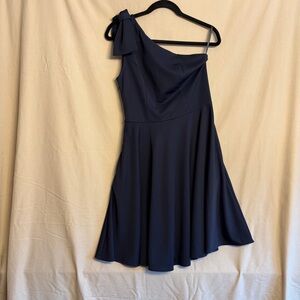 NWT Jasambac M One-Shoulder Bow Navy Cocktail Dress Pockets